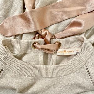 NWOT Tory Burch beige wool sweater w/ silk tie XS